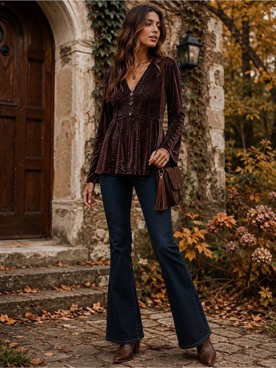Chico's Tops - Chico’s Burnout Velvet Cardigan Brown Plum Textured Velvet Boho Peplum Top